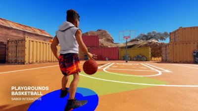 Екранна снимка на Roblox, показваща аватар в ежедневна екипировка, играещ баскетбол в Playgrounds Basketball