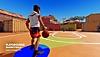 Roblox-screenshot van een avatar in alledaagse kleding die basketbal speelt in Playgrounds Basketball
