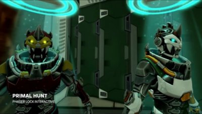 Captura de tela de Roblox mostrando dois personagens de armadura do jogo Primal Hunt