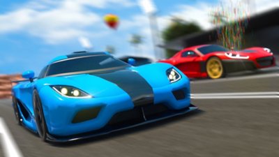 Roblox screenshot showing two sports cars racing side-by-side