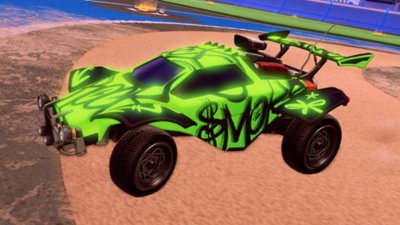 green rocket league car jumping through the air