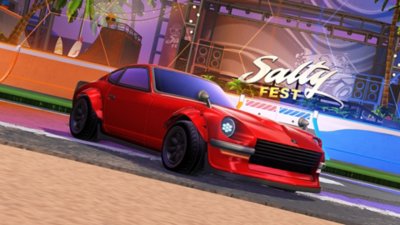 لقطة شاشة للعبة Rocket League تعرض سيارة باللون الفيروزي والبنفسجي تُحلّق في الهواء