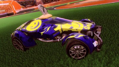 Captura de tela de Rocket League mostrando um carro roxo e dourado 
