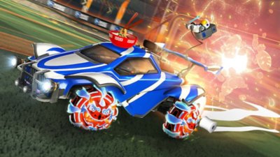 Rocket League art work featuring a car on a football pitch.