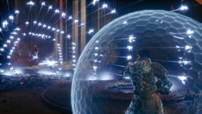 Saros screenshot showing Arjun protecting himself with a light blue shield against an onslaught of missiles