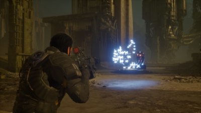 Saros screenshot showing Arjun advancing on an enemy firing white light missiles