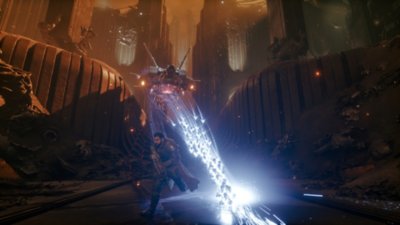 Saros screenshot showing a robotic flying enemy firing white light missiles at Arjun