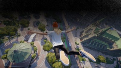 ‎ skate. - screenshot van een skater die door de lucht vliegt