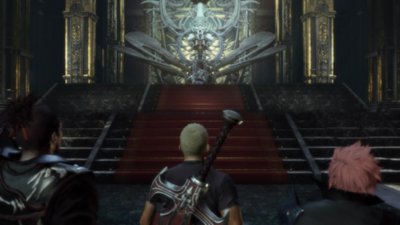 Stranger of Paradise Final Fantasy Origin screenshot showing three main characters facing a set of stairs