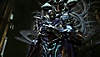 Captura de pantalla de Stranger of Paradise Final Fantasy Origin que muestra a un personaje con armadura azul en un trono esqueletal