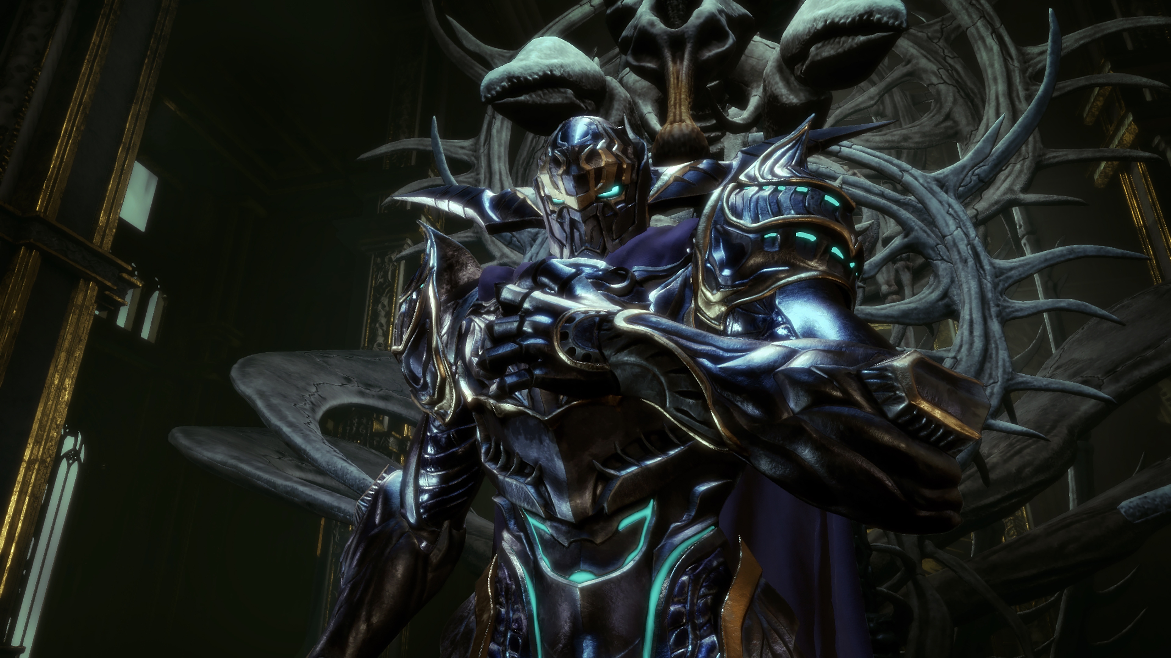 Capture d'écran de Stranger of Paradise Final Fantasy Origin - personnage en armure bleue devant un trône d'os