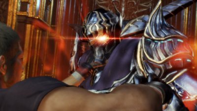 Stranger of Paradise Final Fantasy Origin στιγμιότυπο οθόνης που δείχνει έναν χαρακτήρα με πανοπλία με ένα κόκκινο, λαμπερό μάτι