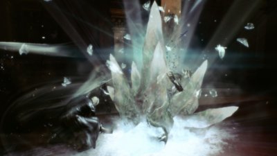 Stranger of Paradise Final Fantasy Origin στιγμιότυπο οθόνης που δείχνει τον Jack και ένα μεγάλο θραύσμα λευκού κρυστάλλου να προεξέχει από το έδαφος.