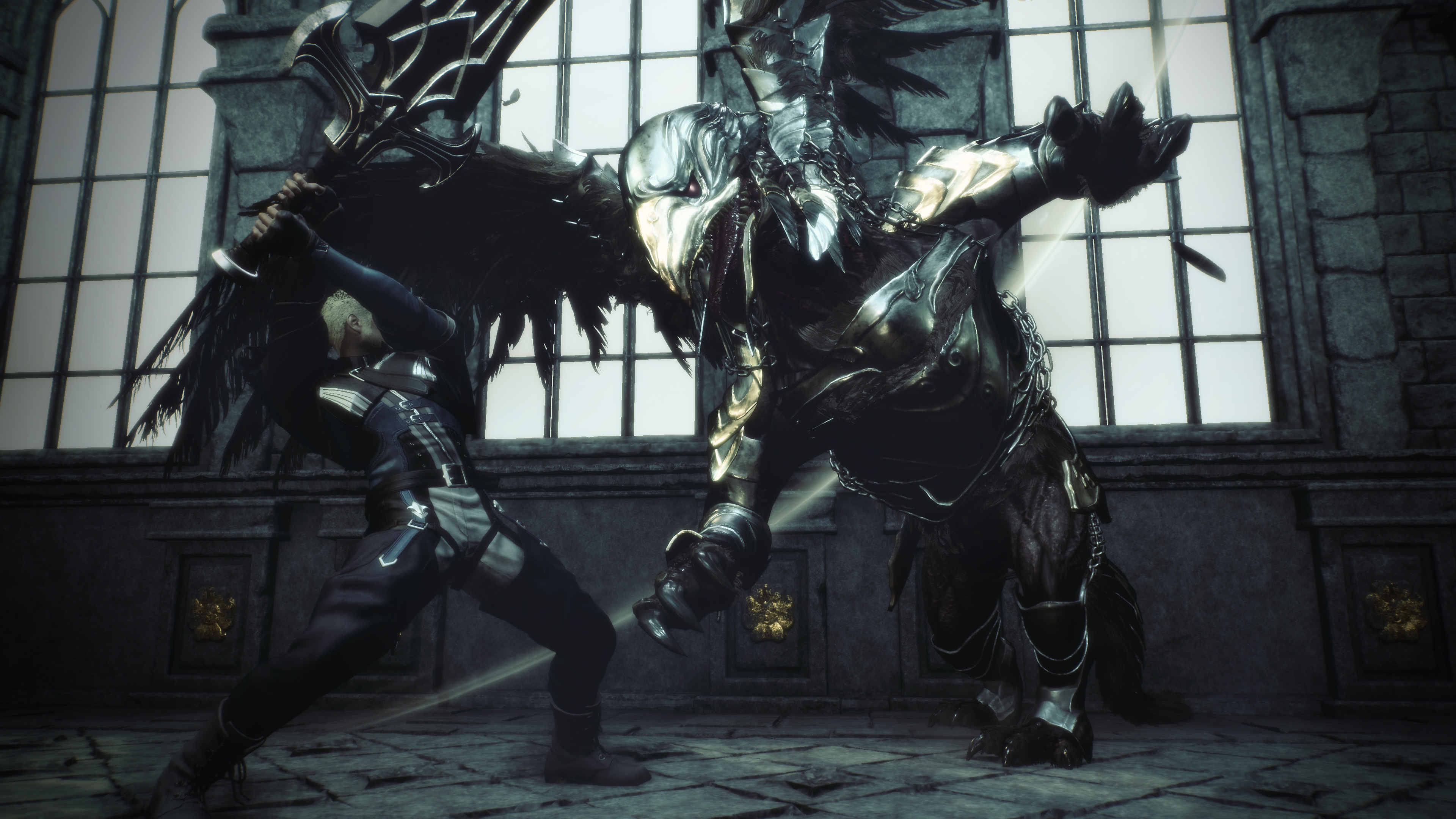 Stranger of Paradise: Final Fantasy Origin - Captura de tela de exibindo o protagonista Jack lutando contra uma criatura com aparência de um grifo com armadura