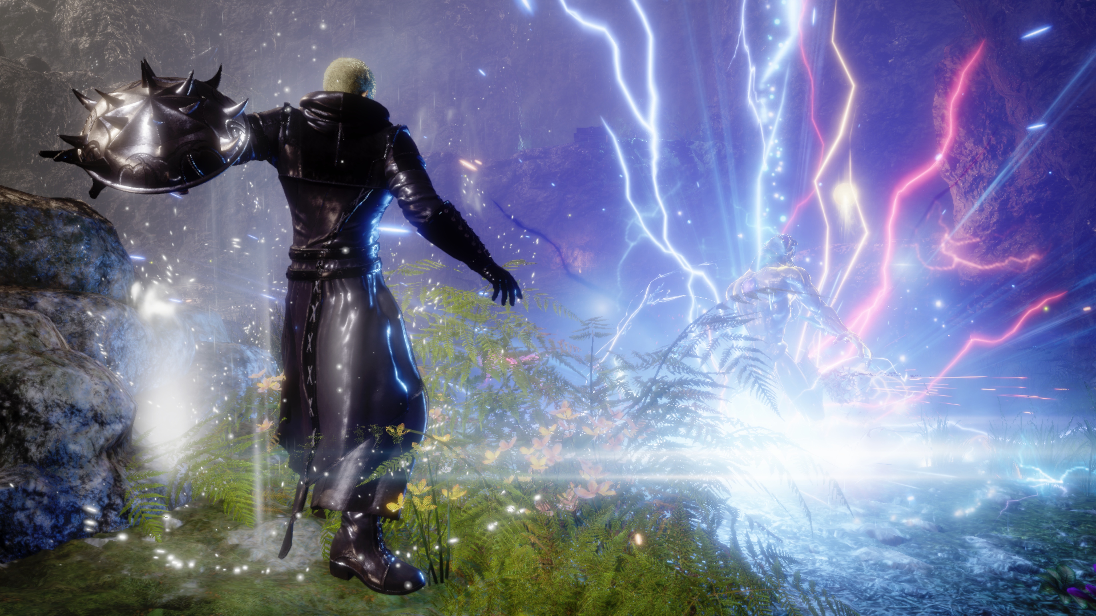 Stranger of Paradise: Final Fantasy Origin screenshot showing Jack fighting with a spiked shield while red and blue lightning bolts hit the ground.