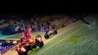 Sonic Racing: CrossWorlds screenshot showing Knuckles and Tails driving on a casino themed track as Tails throws a green ninja star forwards from his car.