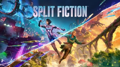 Split Fiction key art showing the two characters occupying a sci-fi world and a fantasy world divided by a diagonal split