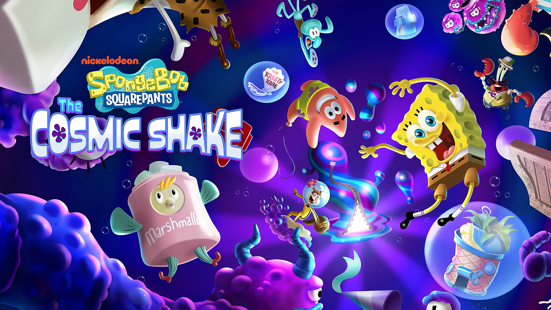 Bob Esponja, Patricio y otros personajes flotando bajo el cosmos submarino de SpongeBob SquarePants: The Cosmic Shake en PS4 y PS5