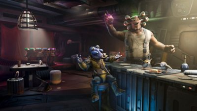 Arte promocional de Star Wars: Tales from the Galaxy's Edge que muestra a dos alienígenas posando en un bar.
