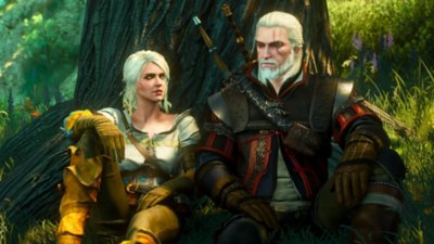 The Witcher 3: Wild Hunt-screenshot van Ciri en Geralt die tegen een boom aan zitten