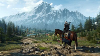 The Witcher 3: Wild Hunt screenshot showing Geralt on horseback against a sprawling country vista