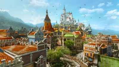 Captura de ecrã do The Witcher 3: Wild Hunt com uma vila