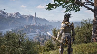 The Elder Scrolls IV: Oblivion Remastered – Screenshot, auf dem ein Charakter von einem grasigen Hügel auf einen verzierten Turm blickt