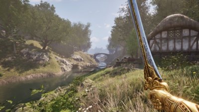 The Elder Scrolls IV: Oblivion Remastered – Screenshot, auf dem der Spieler ein Schwert in einer sonnigen Landschaft hält