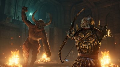 The Elder Scrolls IV: Oblivion Remastered – Screenshot, auf dem ein Charakter in Rüstung seinen Bogen hebt, um auf einen anstürmenden Gegner zu schießen