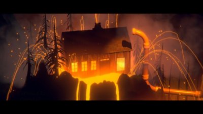 The Forest Quartet – Screenshot, der ein Haus auf der Spitze eines ausbrechenden Vulkans zeigt