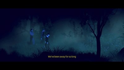 The Forest Quartet – Screenshot, der drei Bandmitglieder zeigt, die nachts den Wald durchstreifen