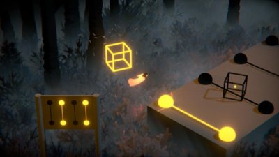 The Forest Quartet – Screenshot, der die leuchtende Protagonistin zeigt, die über einen nebligen Wald hinweggleitet