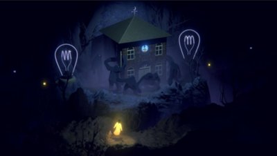 Captura de pantalla de The Forest Quartet que muestra una casa rodeada de tentáculos oscuros y criaturas misteriosas