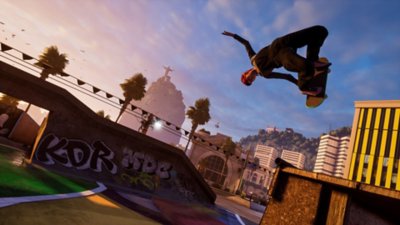 Tony Hawk's Pro Skater 3 + 4 – Screenshot, auf dem ein Skater in Rio einen Grab durchführt