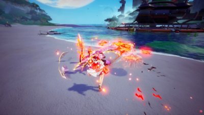 tower of fantasy screenshot showing a character fighting on a beach with a fiery weapon