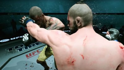 EA Sports UFC 5 screenshot showing two fighters engaged in a match