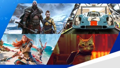 2022 year in review promotional artwork featuring Stray, GT7, God of War Ragnarok and Horizon Forbidden West.