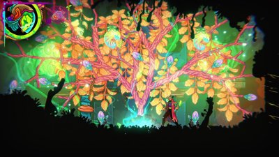 Snímek obrazovky ze hry Ultros zobrazující živoucí rostlinnou vegetaci