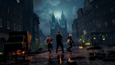 Vampire: The Masquerade - Bloodhunt; captura de pantalla que muestra a tres personajes en las calles de Praga
