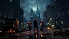 Vampire: The Masquerade - Bloodhunt; captura de pantalla que muestra a tres personajes en las calles de Praga