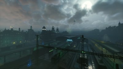 Vampire: The Masquerade - Bloodhunt; captura de pantalla que muestra la línea del horizonte de la ciudad de Praga