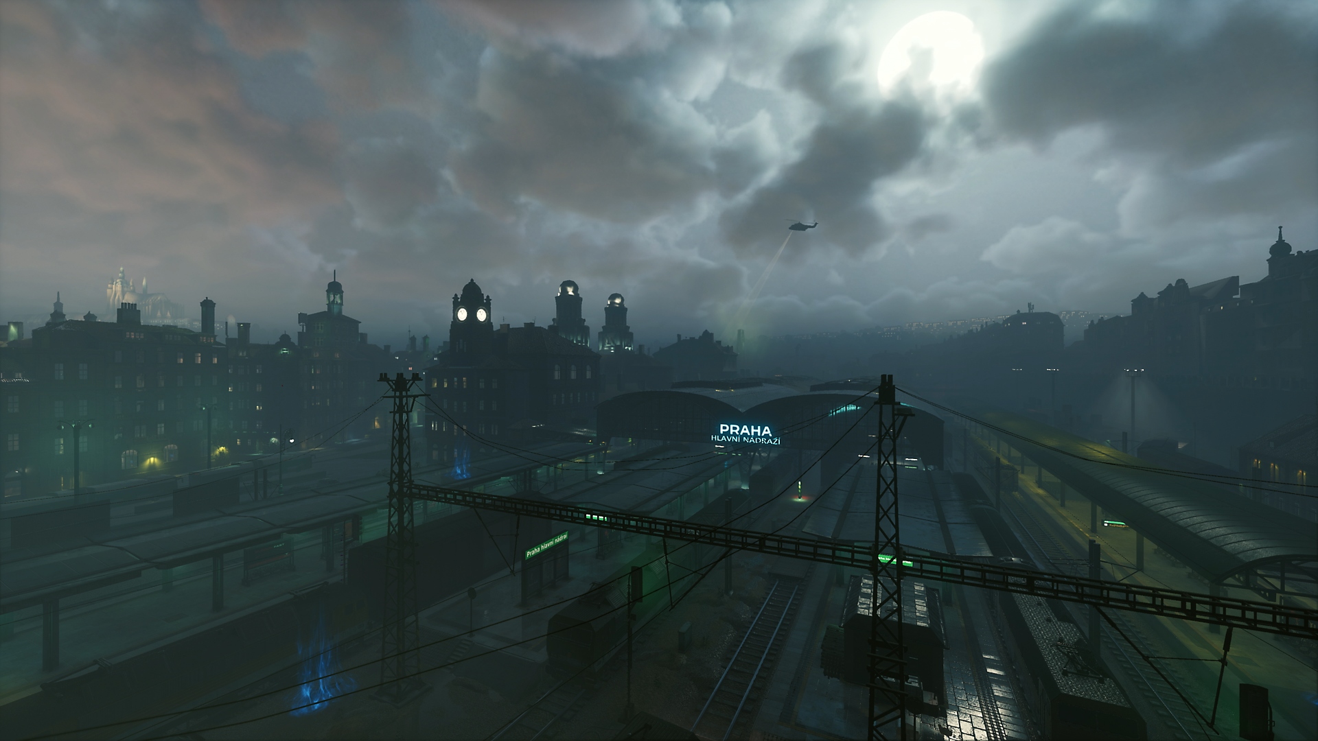 Vampire:‎ The Masquerade - Bloodhunt، لقطة شاشة من اللعبة تظهر فيها ناطحة سحاب في مدينة براغ