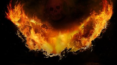 Image d’arrière-plan montrant des bâtiments en flammes et des décombres