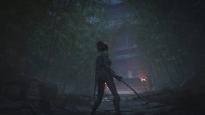 Képernyőkép a Wuchang: Fallen Feathers játékból, amelyen Wuchang kardot viselve tekint végig egy bambuszokkal övezett ösvény végén álló várig.