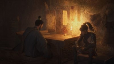 Képernyőkép a Wuchang: Fallen Feathers játékból, amelyen Wuchang egy férfi karakterrel beszélget a gyertyafényben.