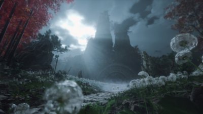 Képernyőkép a Wuchang: Fallen Feathers játékból, amelyen egy óriási sziklás építmény látható, alapjánál természetellenesen kinéző bejárattal.