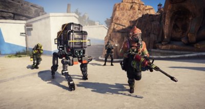 XDefiant screenshot showing a team firing at the enemy as they defend a bipedal robot carrying the objective