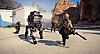 《不羁联盟》截屏：一支队伍向敌人开火，护送携带目标的双足机器人