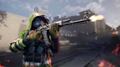 Captura de ecrã de XDefiant que mostra uma personagem camuflada a empunhar uma espingarda AK47 modificada