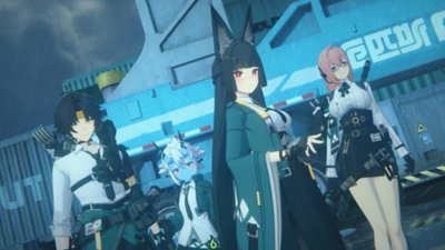 Zenless Zone Zero screenshot showing a group of four characters facing the "camera" in the setting of a shipping yard